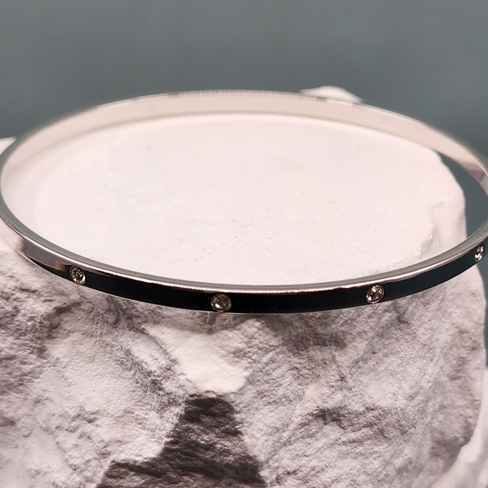 Silver Tone Clear Rhinestone Bangle Bracelet Minimalist Dainty Stackable Glam